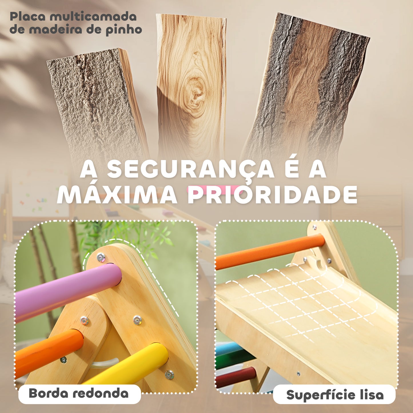 AIYAPLAY Triângulo de Escalada de Madeira 2 em 1 Escalada para Crianças de 18-48 Meses com Rampa para Deslizar ou Escalar 147x64,5x63 cm Multicor