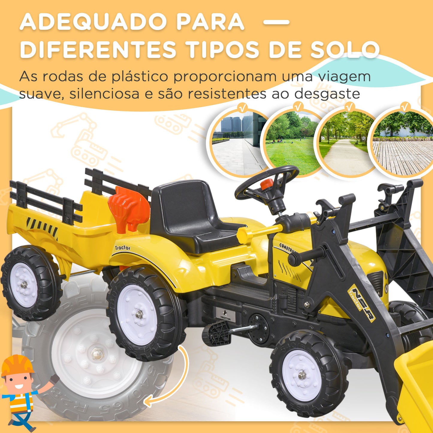 Trator a Pedais para Crianças acima de 3 Anos Trator Infantil com Reboque e Pá Escavadora Carga Máxima 35 kg 167x41x52 cm Amarelo e Preto