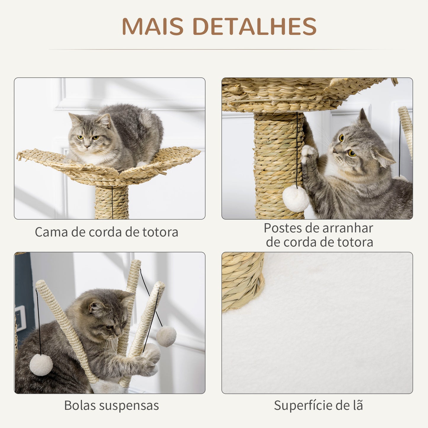 PawHut Árvore Arranhador para Gatos Médios Altura 91cm Torre para Gatos com Cama em Forma de Flor Plataformas Postes de Arranhar Túnel e Bolas Suspensas 56x40x91cm Branco e Bege