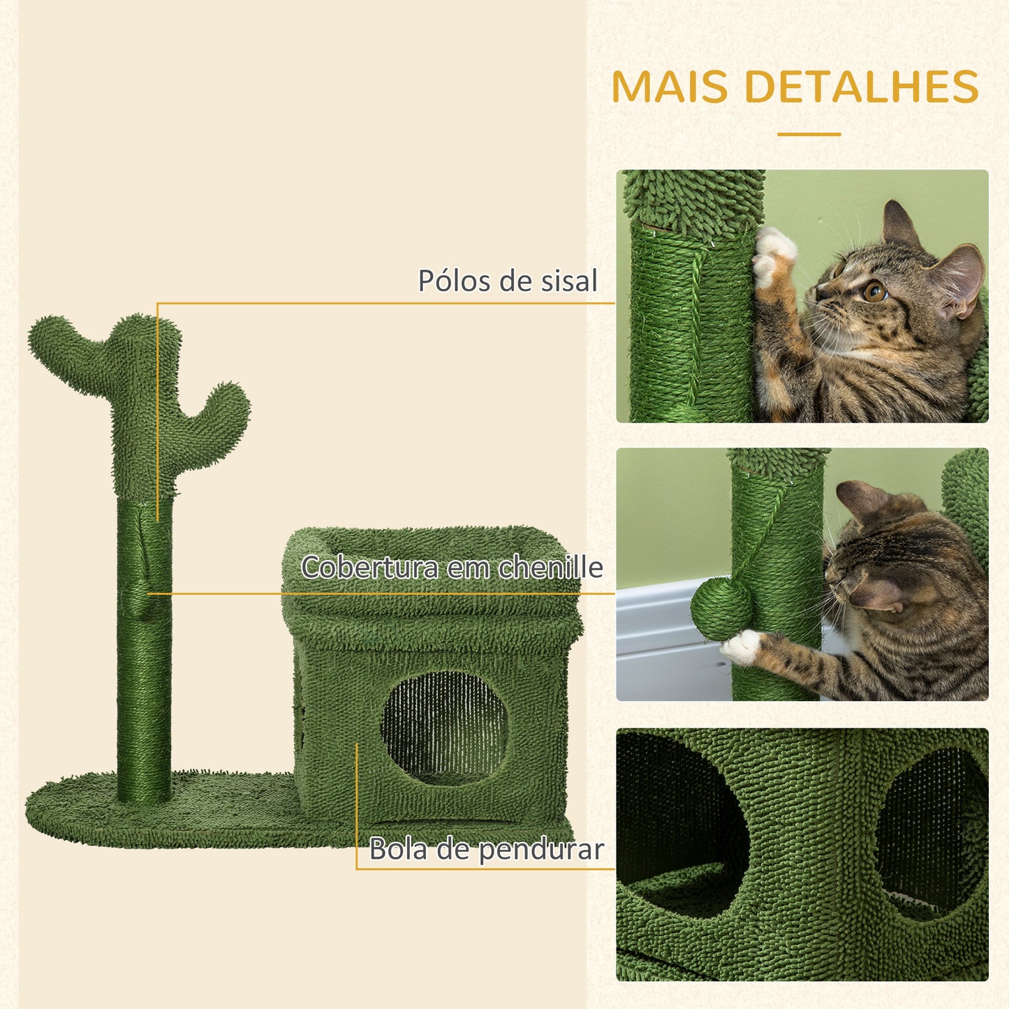 PawHut Árvore Arranhador para Gatos Desenho de Cacto Altura 83cm Torre para Gatos com Cama Casa de Pelúcia Poste de Sisal e Bola Suspensa 68x30x67cm Verde