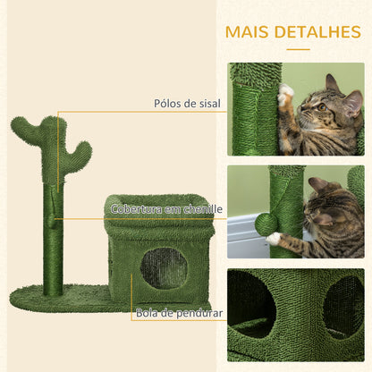 PawHut Árvore Arranhador para Gatos Desenho de Cacto Altura 83cm Torre para Gatos com Cama Casa de Pelúcia Poste de Sisal e Bola Suspensa 68x30x67cm Verde