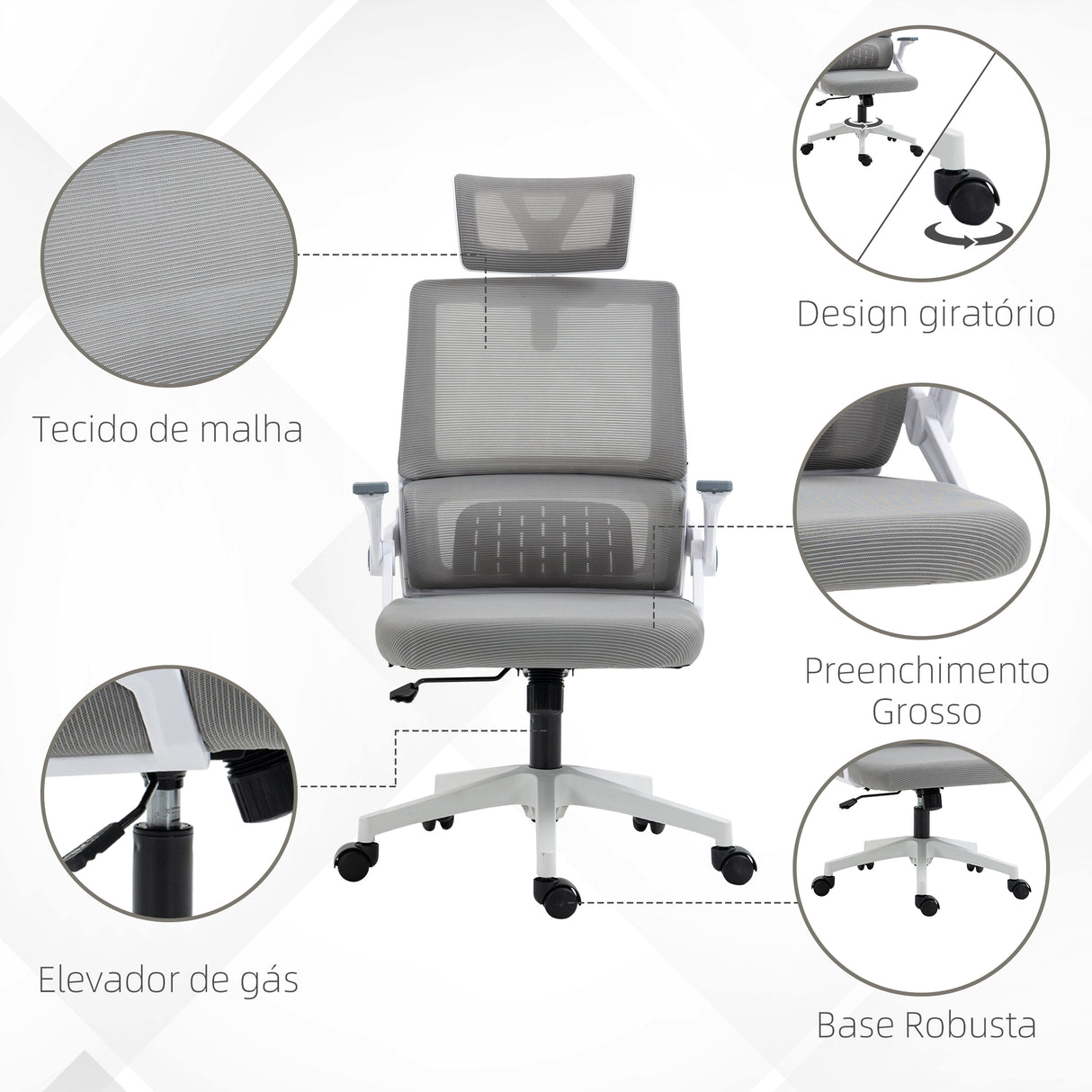 Cadeira de Escritório de Malha Cadeira de Escritório Giratória com Altura e Apoio para a Cabeça Ajustáveis 58x61x102-119 cm Cinza