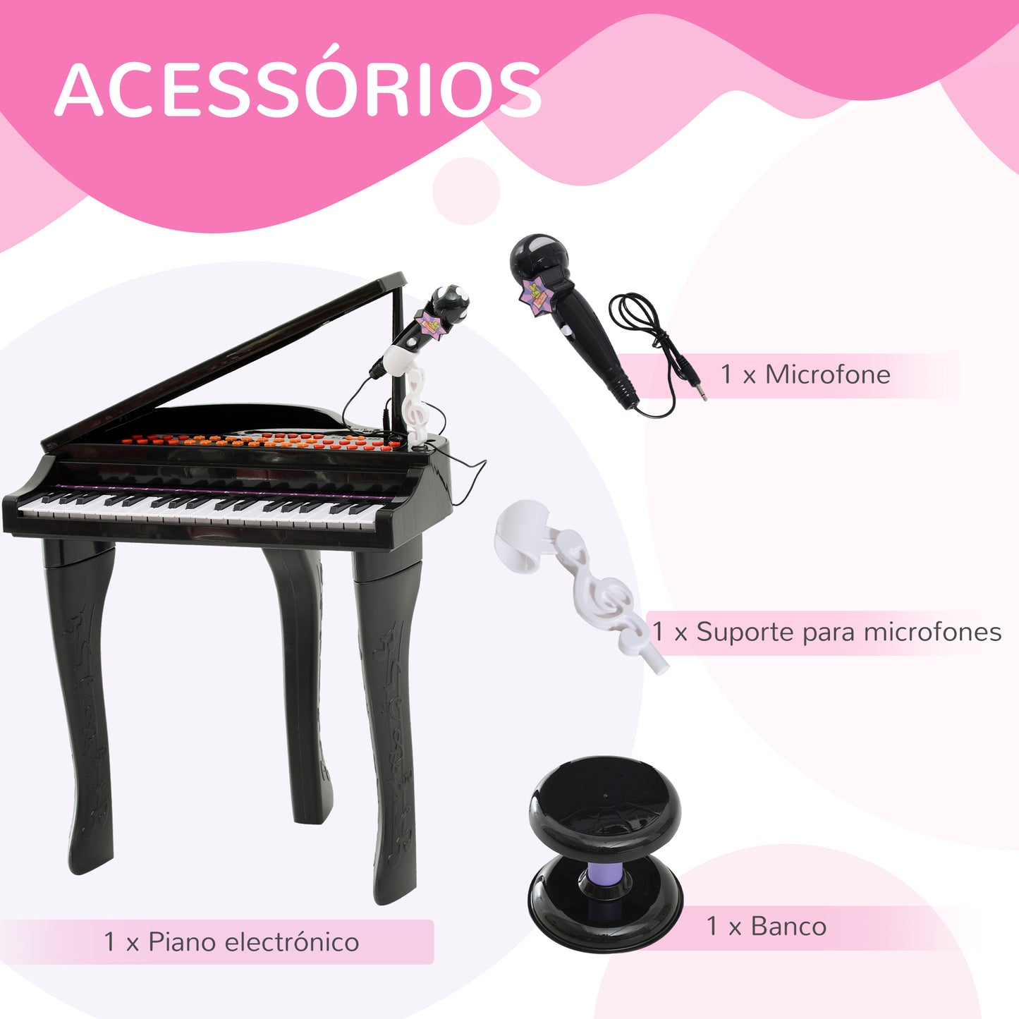 HOMCOM Piano para Crianças com 37 Teclas Piano Infantil com Microfone Banco Luzes 22 Músicas e Entrada para MP3 e USB 48x39x69 cm Preto