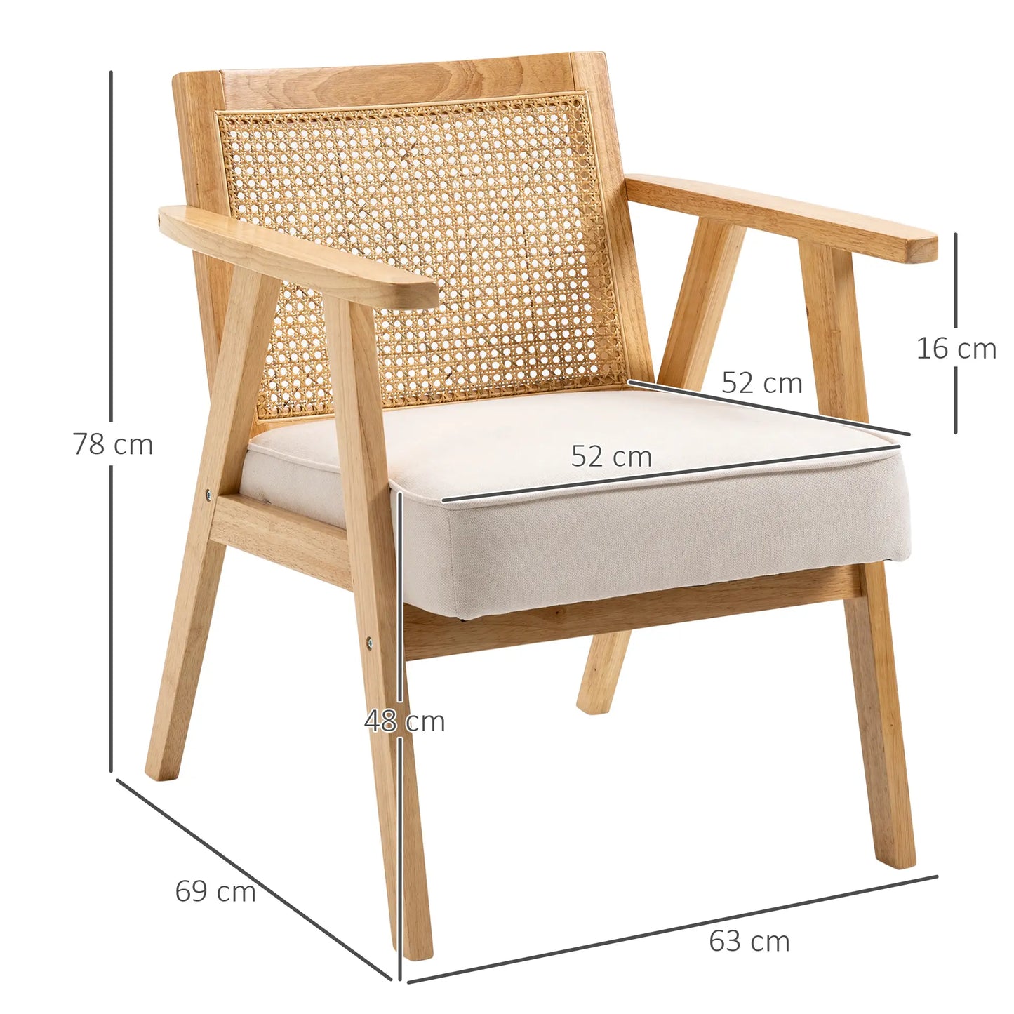 Poltrona Nora - Encosto em Vime e Estrutura de Madeira de Borracha - 63x69x78 cm - Design Natura