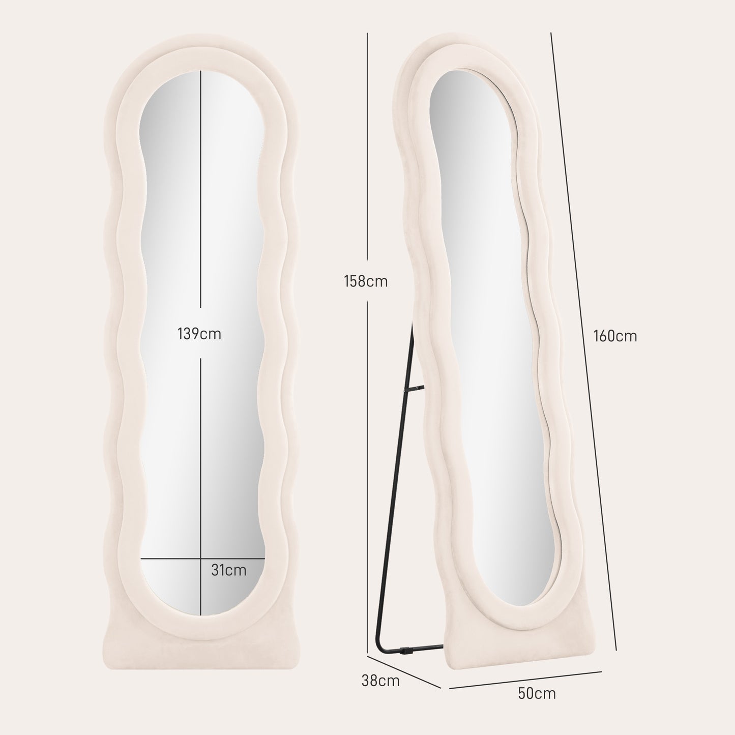 HOMCOM Espelho de Pé 50x160 cm Espelho de Corpo Inteiro ou de Parede com Desenho Assimétrico e Estrutura de Veludo para Sala de Estar Dormitório Creme