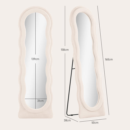 HOMCOM Espelho de Pé 50x160 cm Espelho de Corpo Inteiro ou de Parede com Desenho Assimétrico e Estrutura de Veludo para Sala de Estar Dormitório Creme