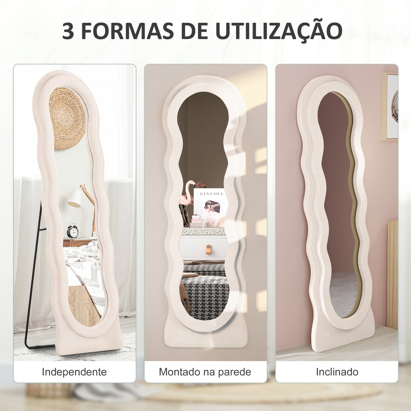 HOMCOM Espelho de Pé 50x160 cm Espelho de Corpo Inteiro ou de Parede com Desenho Assimétrico e Estrutura de Veludo para Sala de Estar Dormitório Creme