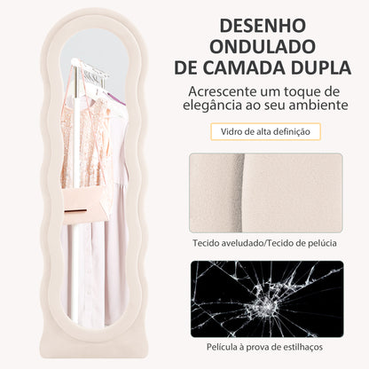 HOMCOM Espelho de Pé 50x160 cm Espelho de Corpo Inteiro ou de Parede com Desenho Assimétrico e Estrutura de Veludo para Sala de Estar Dormitório Creme