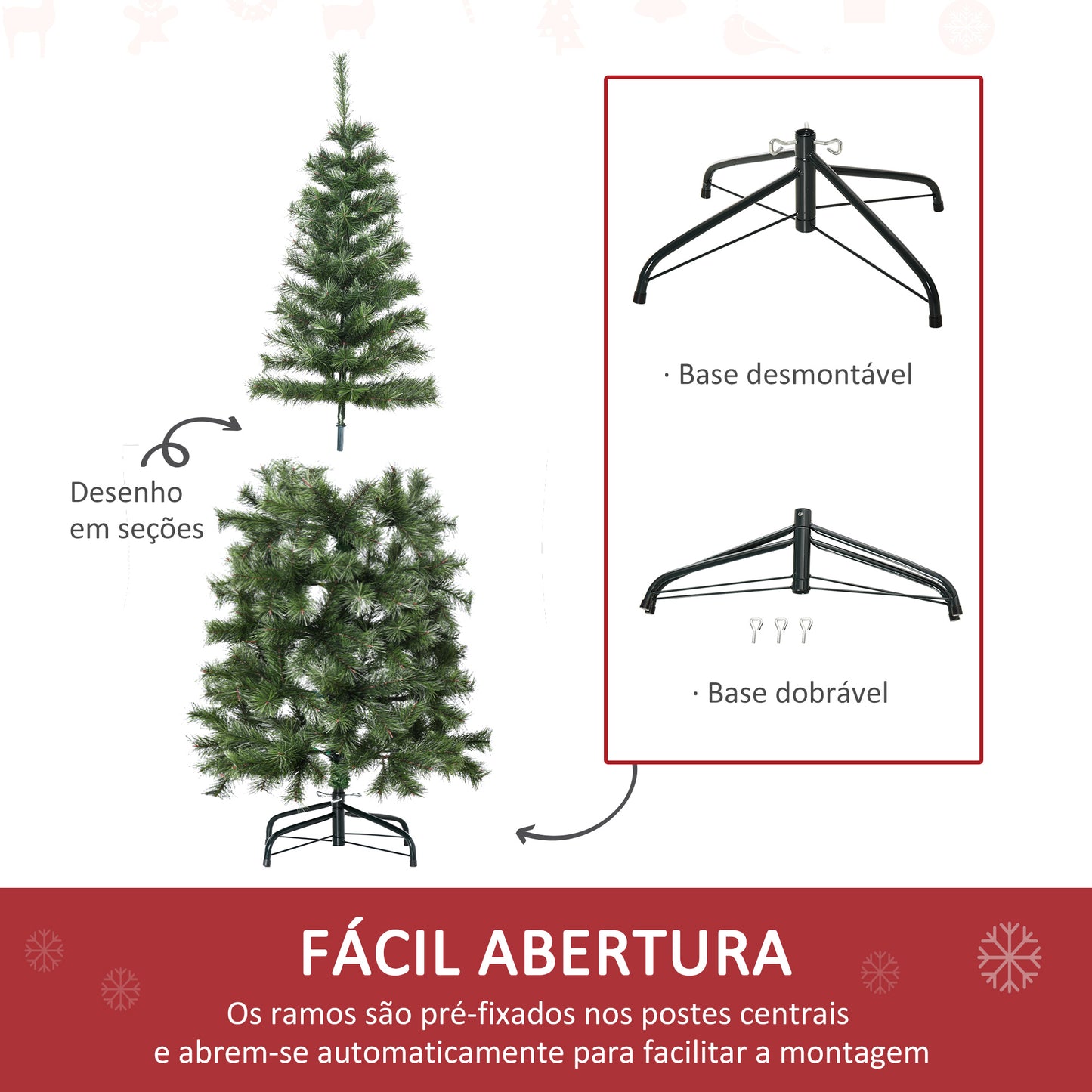 HOMCOM Árvore de Natal Artificial 150cm Ignífugo com 367 Ramos Folhas de PVC Base Dobrável e Suporte Metálico Decoração de Natal para Interiores Verde