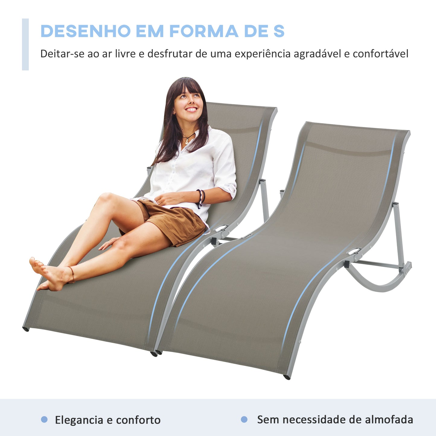 Outsunny Conjunto de 2 Espreguiçadeiras de Jardim em Forma de S com Estrutura de Aluminio e Textilene para Piscina Pátio Varanda 165x61x63 cm Cinza