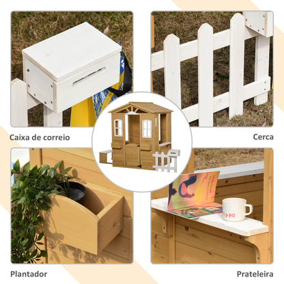 Outsunny Casa para crianças a cima de 3 anos casa para brincar de madeira com caixa de correio banco 204x107x140 cm para exterior interior cor madeira natural