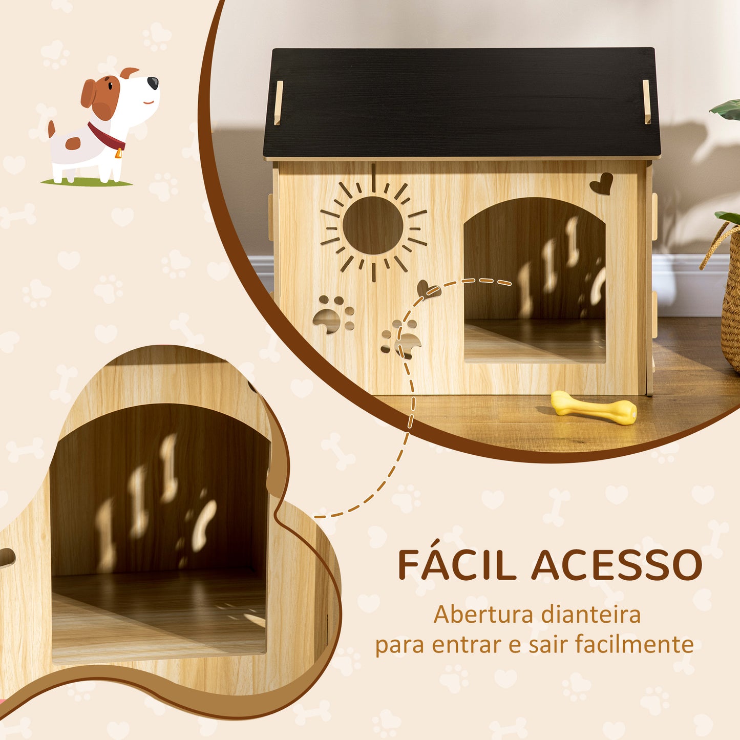 PawHut Casa de Madeira para Cães Pequenos Casa para Animais de Estimação com Porta Dianteira Desenhos em Forma de Sol Coração Pata 69x50x58,5cm Madeira e Preto