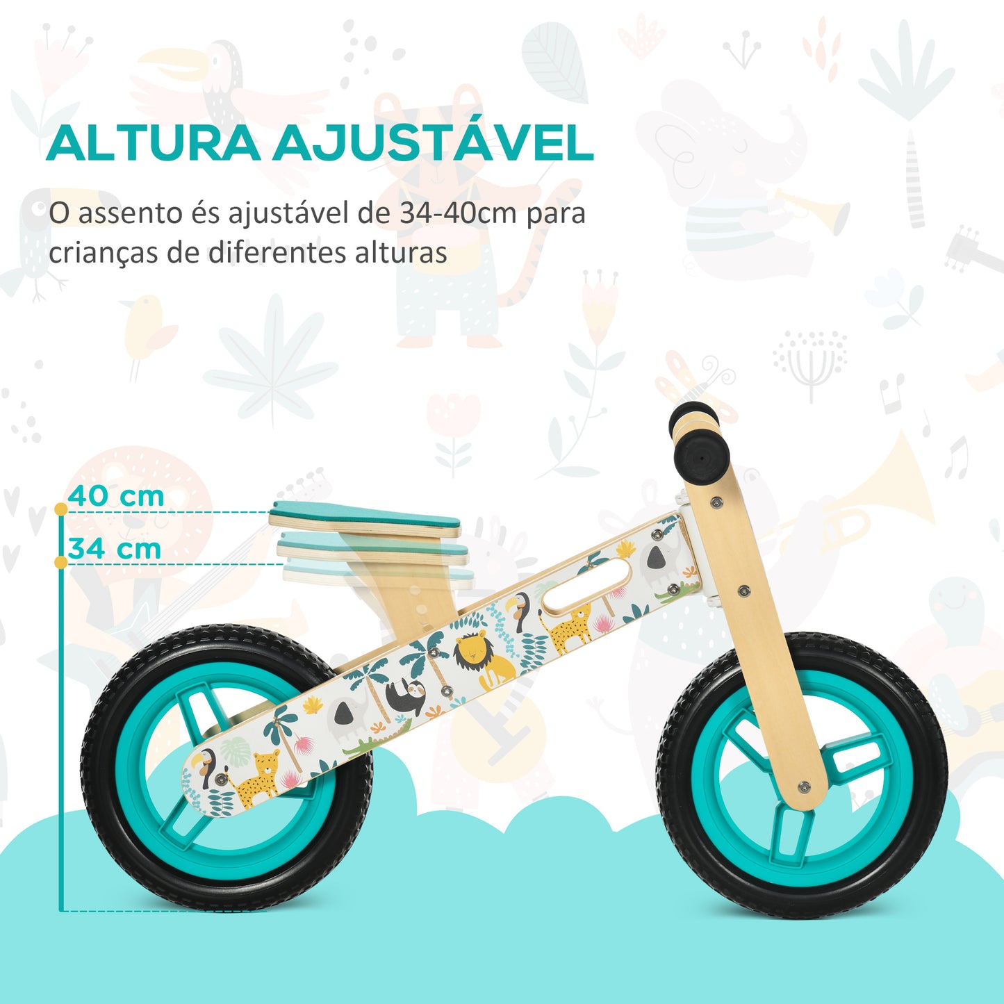 AIYAPLAY Bicicleta sem Pedais de Madeira para Crianças de 3-6 Anos com Assento Ajustável 34-40cm Bicicleta de Equilíbrio Infantil com Rodas de 12" Carga Máxima 30kg 87x37x50cm Turquesa