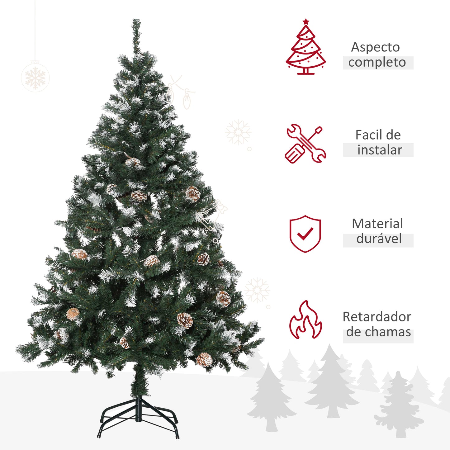 HOMCOM Árvore de Natal Artificial 150cm com 676 Ramas e 41 Pinhas Folhas de PVC com Efeito de Neve Base Dobrável e Suporte Metálico para Interiores Verde