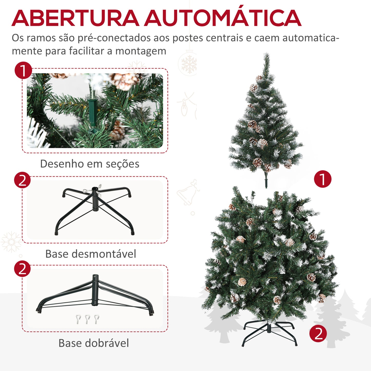 HOMCOM Árvore de Natal Artificial 150cm com 676 Ramas e 41 Pinhas Folhas de PVC com Efeito de Neve Base Dobrável e Suporte Metálico para Interiores Verde