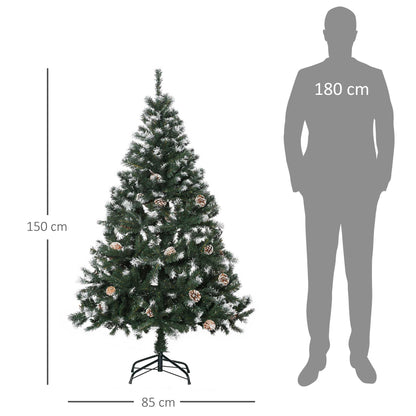 HOMCOM Árvore de Natal Artificial 150cm com 676 Ramas e 41 Pinhas Folhas de PVC com Efeito de Neve Base Dobrável e Suporte Metálico para Interiores Verde