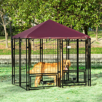 PawHut Parque para Cães com 8 Painéis Recinto para Cães Metálico de Exterior com 2 Suportes Giratórios para Comida 2 Tigelas e Toldo Impermeável e Anti-UV 141x141x153 cm Preto e Vermelho