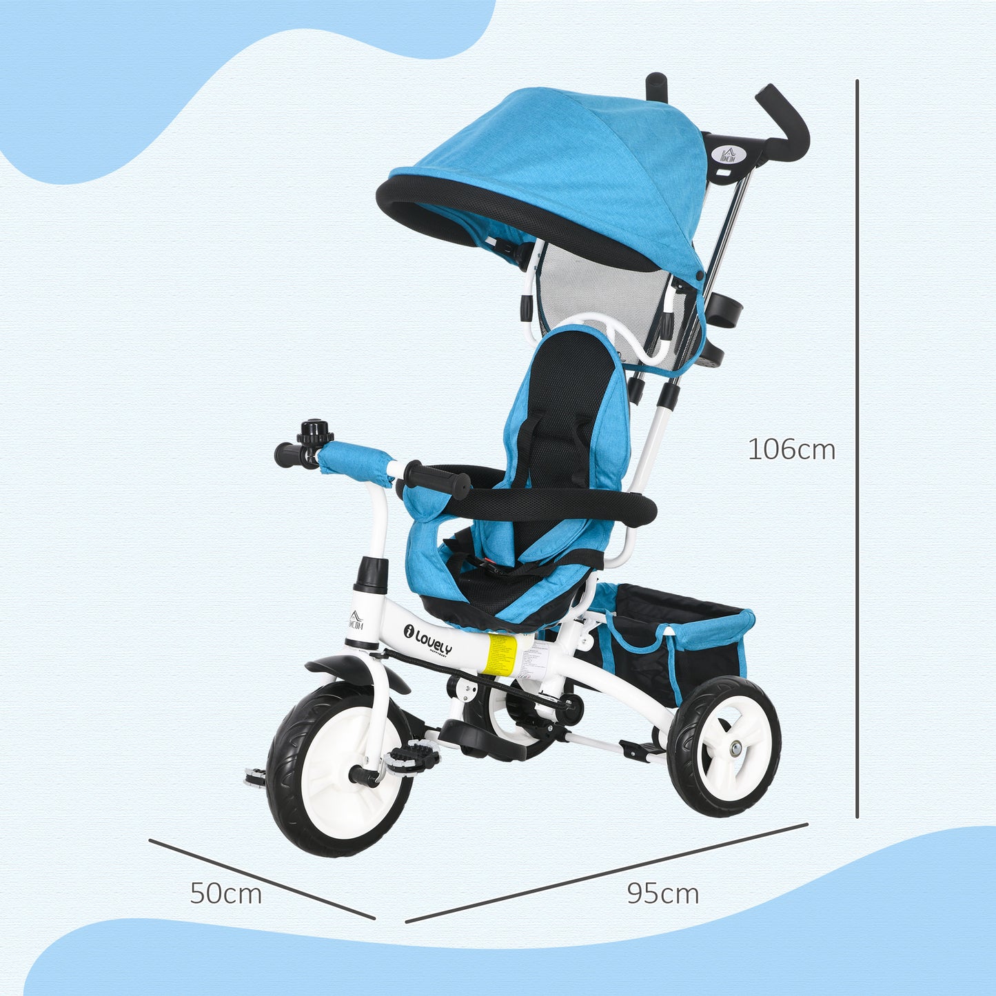 HOMCOM Triciclo para Bebés 2 em 1 Triciclo Evolutivo para Crianças de +12 Meses com Toldo Dobrável Guiador Telescópico e Removível Cinto de Segurança e Cesto 95x50x106 cm Azul