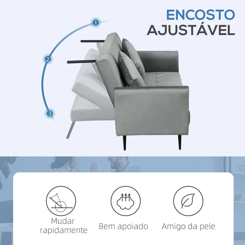 Sofá Cama Convertível Sofá Cama de 3 Lugares com Encosto Ajustável de 3 Níveis e 2 Almofadas Acolchoadas Carga 360 kg para Escritório Dormitório Sala de Estar Cinza