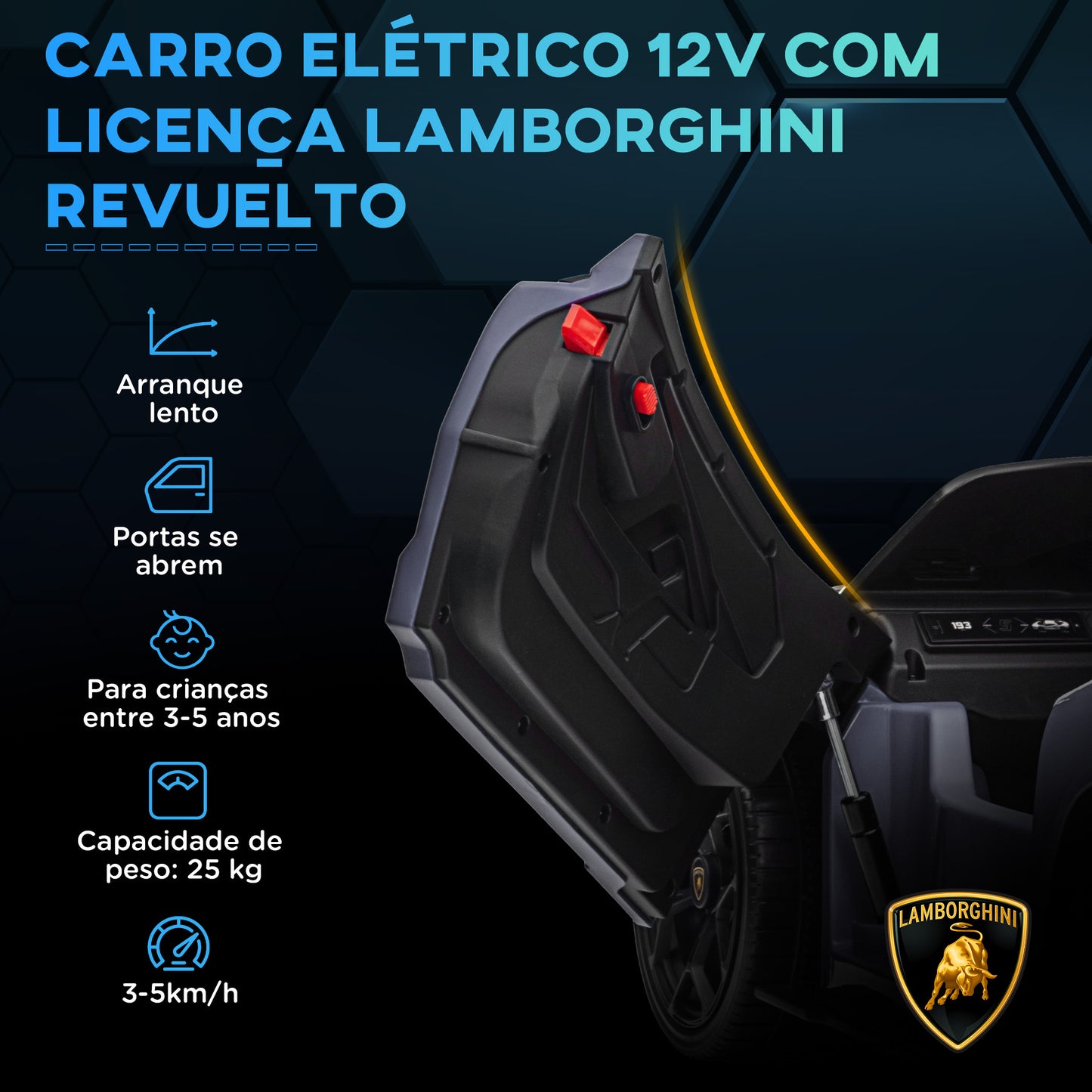 AIYAPLAY Carro Elétrico para Crianças acima de 3 Anos Carro Lamborghini Revuelto Carro Elétrico para Crianças com Bateria 12V Controlo Remoto Faróis LED Buzina Música e Rodas Auxiliares 105x60x40 cm Cinza