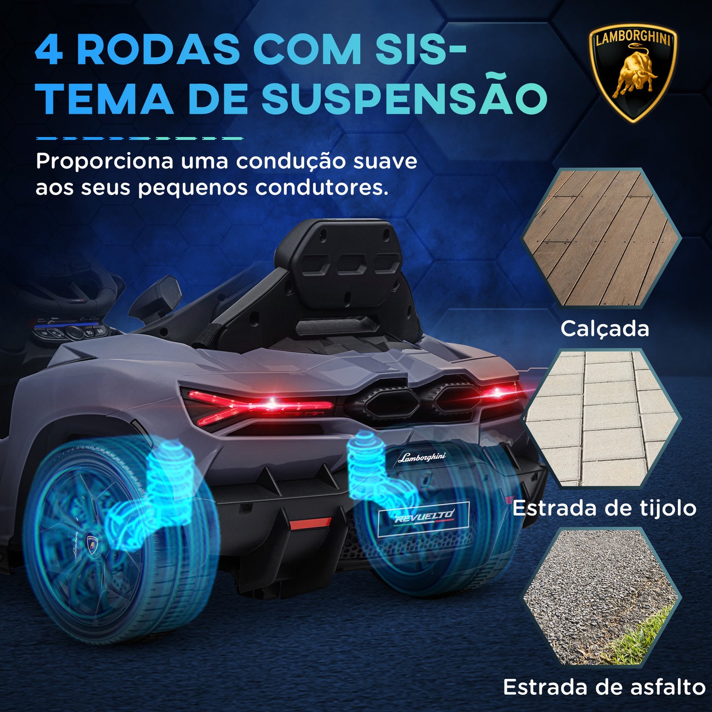 AIYAPLAY Carro Elétrico para Crianças acima de 3 Anos Carro Lamborghini Revuelto Carro Elétrico para Crianças com Bateria 12V Controlo Remoto Faróis LED Buzina Música e Rodas Auxiliares 105x60x40 cm Cinza