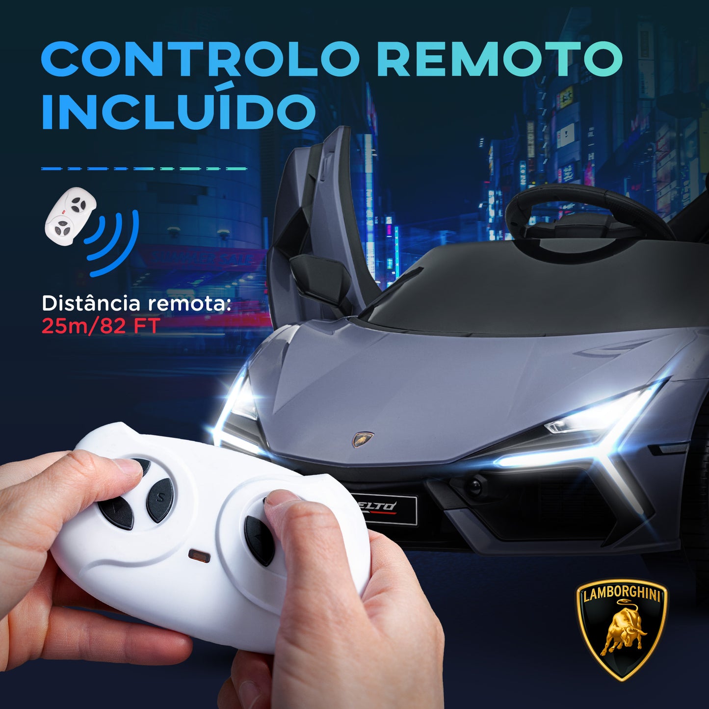 AIYAPLAY Carro Elétrico para Crianças acima de 3 Anos Carro Lamborghini Revuelto Carro Elétrico para Crianças com Bateria 12V Controlo Remoto Faróis LED Buzina Música e Rodas Auxiliares 105x60x40 cm Cinza