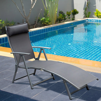 Outsunny Espreguiçadeira Dobrável de Jardim com Encosto Ajustável em 7 Posições Apoio para a Cabeça para Terraço Piscina Exterior Carga Máxima 165kg 137x63,5x100,5cm Cinza