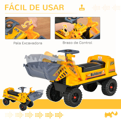 HOMCOM Trator sem Pedais para Crianças de 2-3 Anos com Pá Escavadora Espaço de Armazenamento Oculto Volante e Buzina 70x26x37cm Amarelo