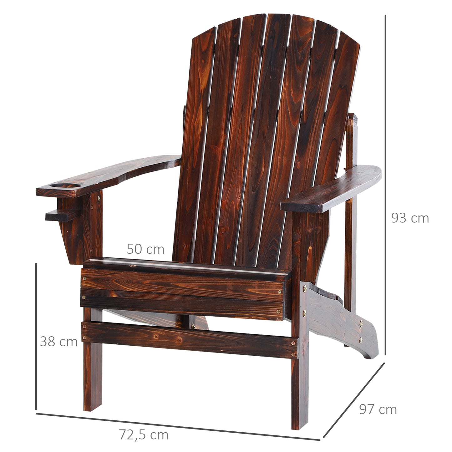 Outsunny Cadeira Adirondack de Madeira Cadeira de Jardim com Apoio para os Braços Encosto Alto para Terraço Balcão Exterior 72,5x97x96cm Marrom