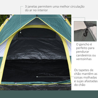 Outsunny Tenda de Campismo para 3 Pessoas Tenda de Campismo Dobrável com 1 Porta 3 Janelas Bolsa de Transporte e Abertura Automática para Praia Parque 205x195x135 cm Verde