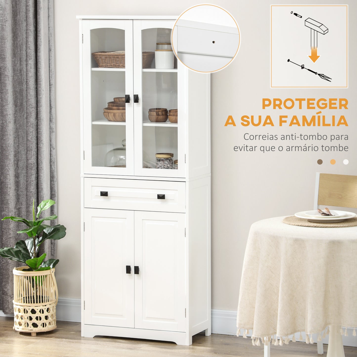 HOMCOM Armário de Cozinha Móvel Auxiliar de Cozinha com 4 Portas 1 Gaveta e 2 Prateleiras Ajustáveis para Sala de Jantar 60x30x160 cm Branco