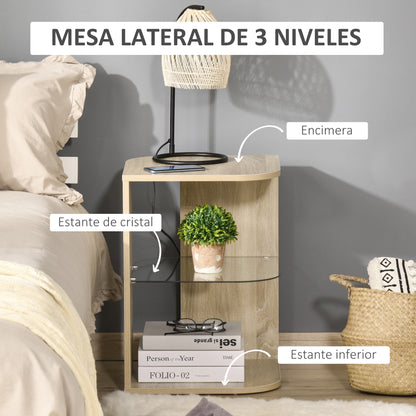 HOMCOM Mesa Auxiliar Moderna Mesa de Cabeceira com 3 Prateleiras 1 de Vidro para Sala de Estar Dormitório 40x40x56cm Madeira Natural