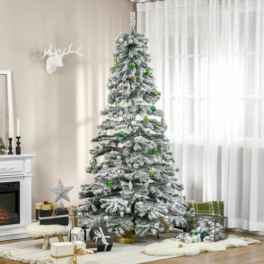 Árvore de Natal Ø140x225cm Neve Artificial com 1083 Pontas de PVC Base Dobrável e Suporte de Metal Decoração de Natal para Interiores Verde e Branco