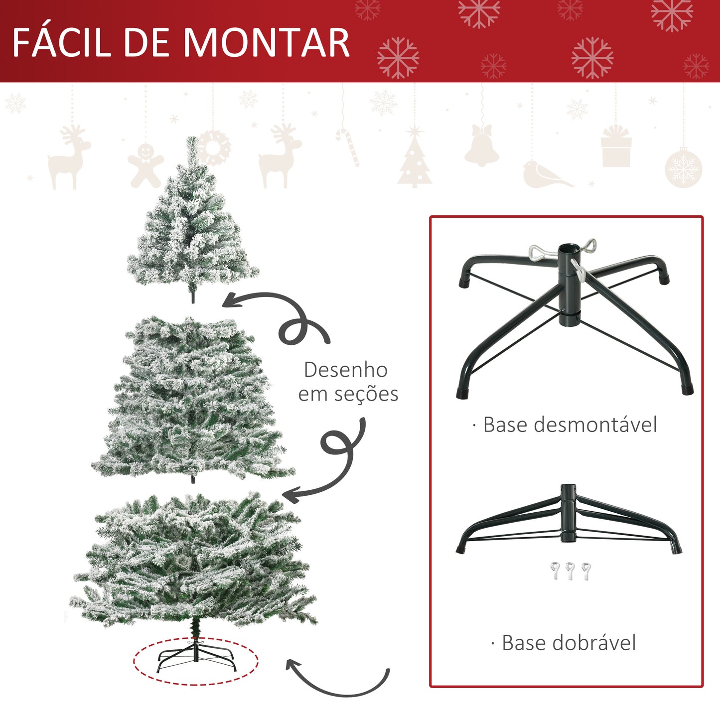 Árvore de Natal Ø140x225cm Neve Artificial com 1083 Pontas de PVC Base Dobrável e Suporte de Metal Decoração de Natal para Interiores Verde e Branco