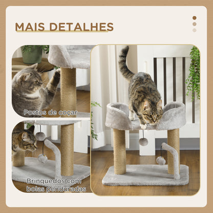 PawHut Arranhador para Gatos Pequenos Altura 42 cm Arranhador para Gatos com Cama Bolas Supensas e Postes de Juta 48x38x42 cm Cinza