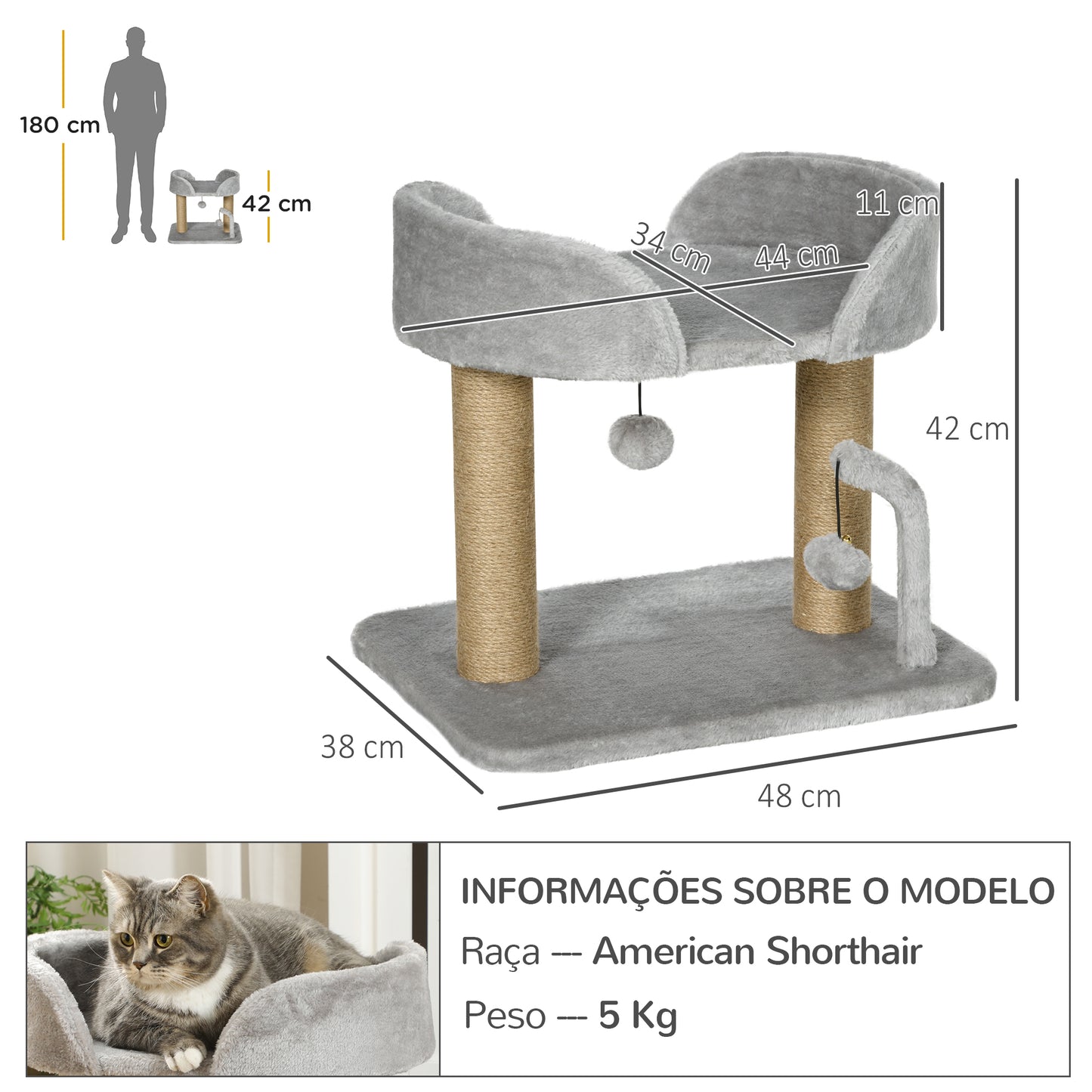 PawHut Arranhador para Gatos Pequenos Altura 42 cm Arranhador para Gatos com Cama Bolas Supensas e Postes de Juta 48x38x42 cm Cinza