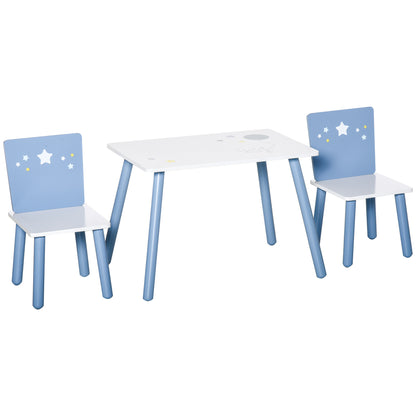 HOMCOM Conjunto de Mesa Infantil e 2 Cadeiras de Madeira Mesa com Cadeiras para Crianças de 2-4 Anos Mesa 60x40x43 cm e Cadeiras 28x26x48 cm para Dormitório Sala de Estar Branco e Azul