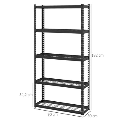 HOMCOM Estante de Metal com 5 Níveis Estante de Armazenamento Estante de Garagem de Aço Carga 750 kg com Prateleiras Ajustáveis 90x30x182 cm Preto