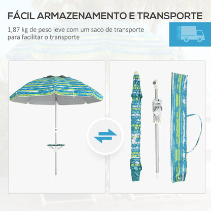 Outsunny Chapéu de Sol de Praia Ø190x215 cm Chapéu de Sol para Terraço com Inclinação de 45° e Altura Ajustável Mesa com Porta-Copos Anti-UV Impermeável e Bolsa de Transporte para Jardim Multicolor