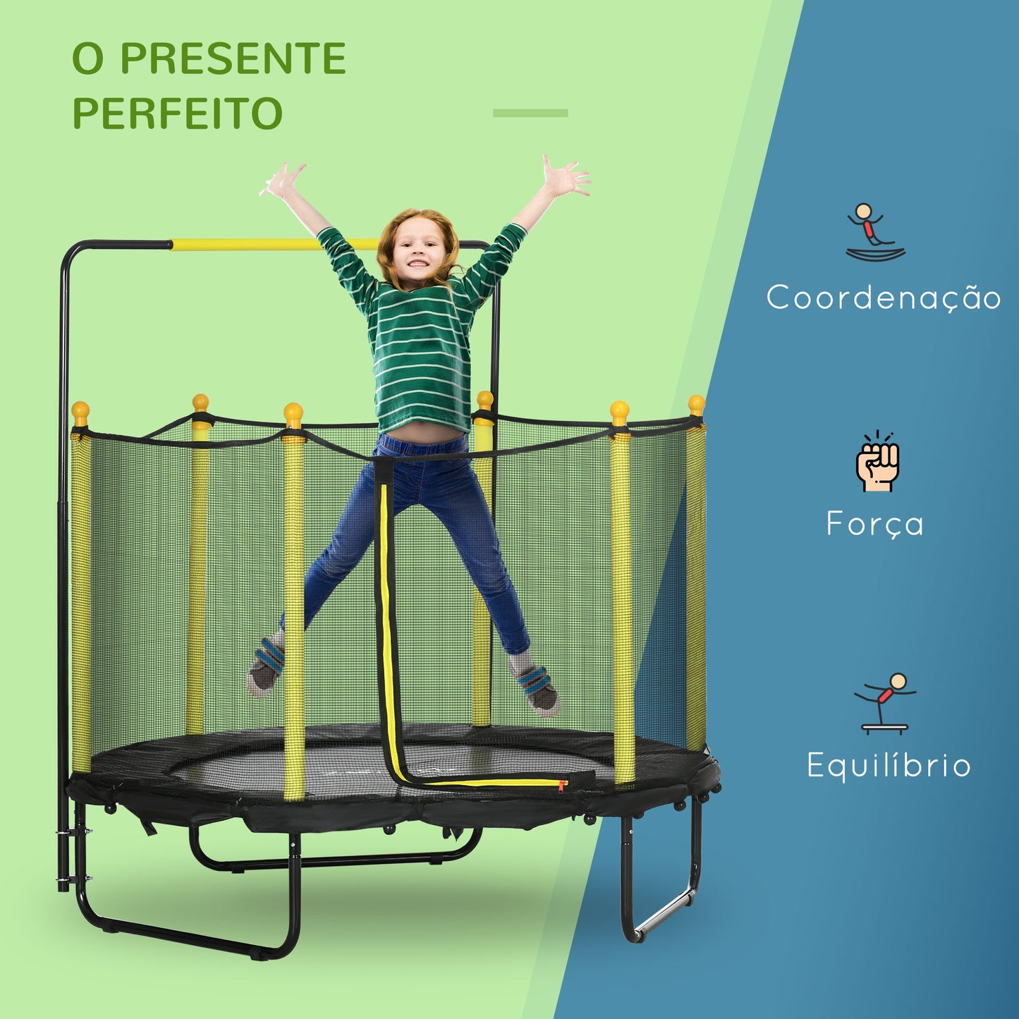 ZONEKIZ Trampolim Infantil Ø110 cm Trampolim para Crianças de 1-10 Anos com Rede de Segurança Barra Ajustável para Interior e Exterior Ø140x120-140 cm Preto