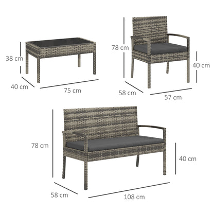 Outsunny Conjunto Móveis de Jardim em Vime Sintético Conjunto de 4 Peças Móveis de Jardim com 2 Poltronas 1 Sofá de 2 Lugares e 1 Mesa de Centro com Bancada de Vidro para Pátio Cinza