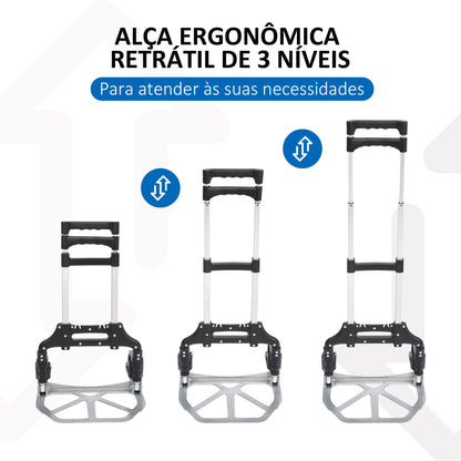 HOMCOM Carrinho de mão dobrável de alumínio Altura ajustável de 3 níveis Fácil transporte Carga 70 kg 41x38,5x100 cm Preto e cinza