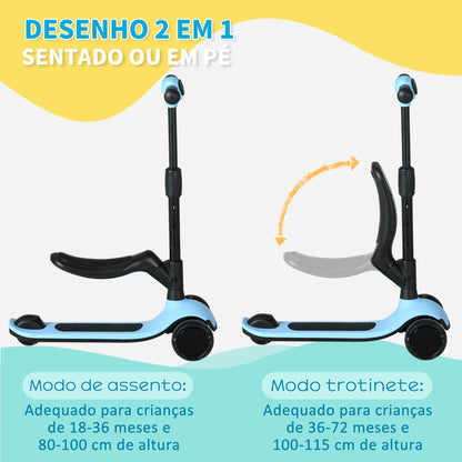 AIYAPLAY Trotinete para Crianças 2 em 1 Trotinete Infantil com Altura Ajustável 3 Rodas Brilhantes e Assento para +18 Meses Carga Máx. 50 kg 58x31x64-79 cm Azul