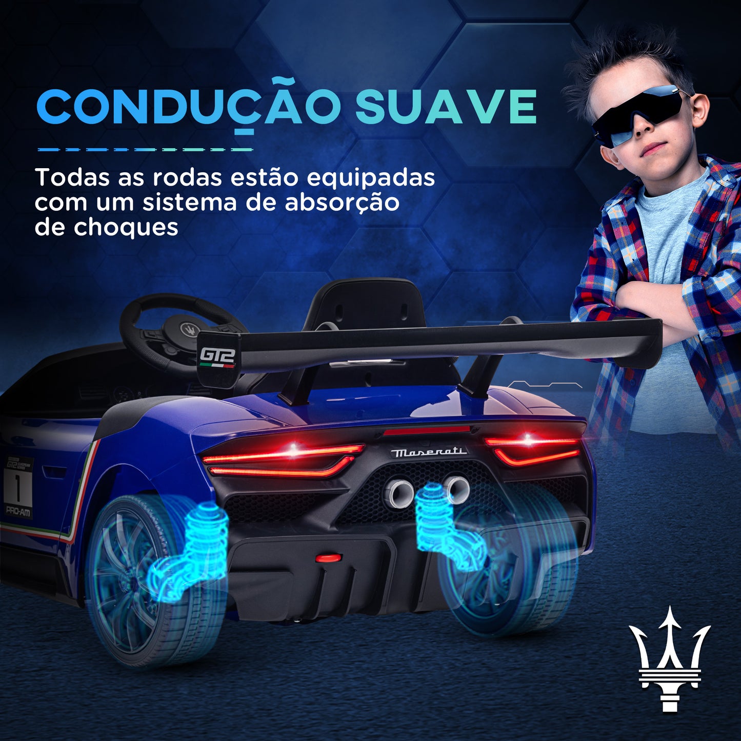 AIYAPLAY Carro Elétrico para Crianças acima de 3 Anos Carro Maserati GT2 Carro Elétrico a Bateria 12V Carro Elétrico para Crianças com Controlo Remoto Faróis LED Buzina Música e Rodas Auxiliares 115x60x45 cm Azul