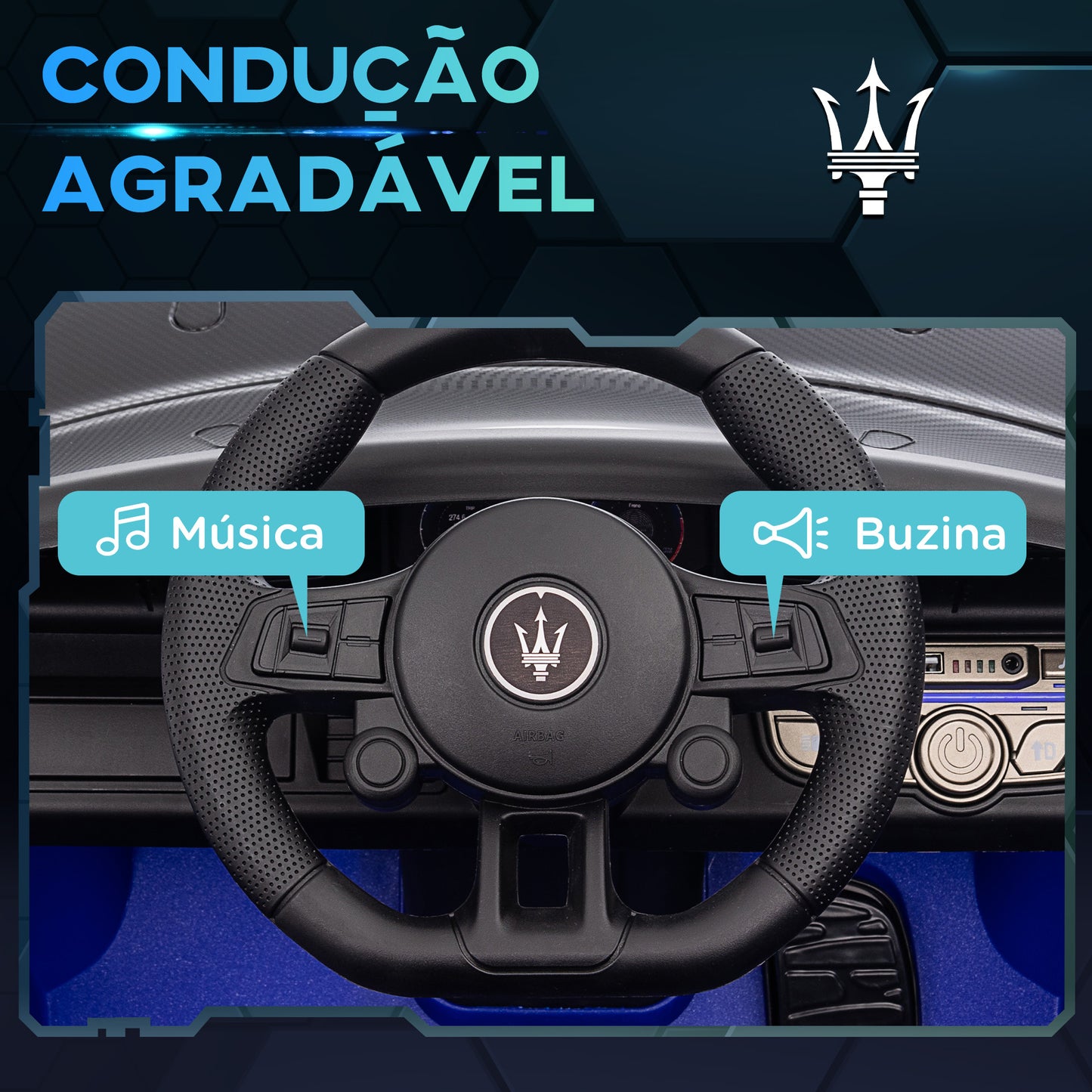 AIYAPLAY Carro Elétrico para Crianças acima de 3 Anos Carro Maserati GT2 Carro Elétrico a Bateria 12V Carro Elétrico para Crianças com Controlo Remoto Faróis LED Buzina Música e Rodas Auxiliares 115x60x45 cm Azul