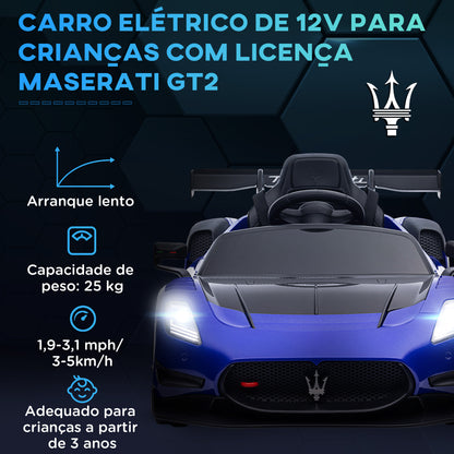 AIYAPLAY Carro Elétrico para Crianças acima de 3 Anos Carro Maserati GT2 Carro Elétrico a Bateria 12V Carro Elétrico para Crianças com Controlo Remoto Faróis LED Buzina Música e Rodas Auxiliares 115x60x45 cm Azul