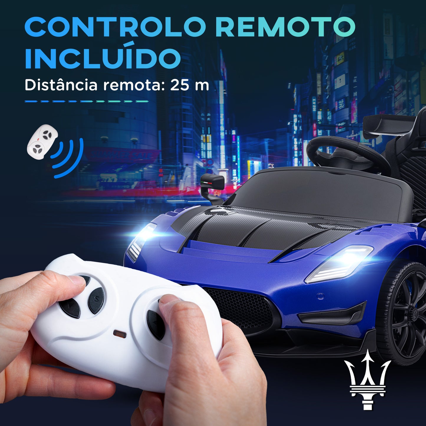 AIYAPLAY Carro Elétrico para Crianças acima de 3 Anos Carro Maserati GT2 Carro Elétrico a Bateria 12V Carro Elétrico para Crianças com Controlo Remoto Faróis LED Buzina Música e Rodas Auxiliares 115x60x45 cm Azul