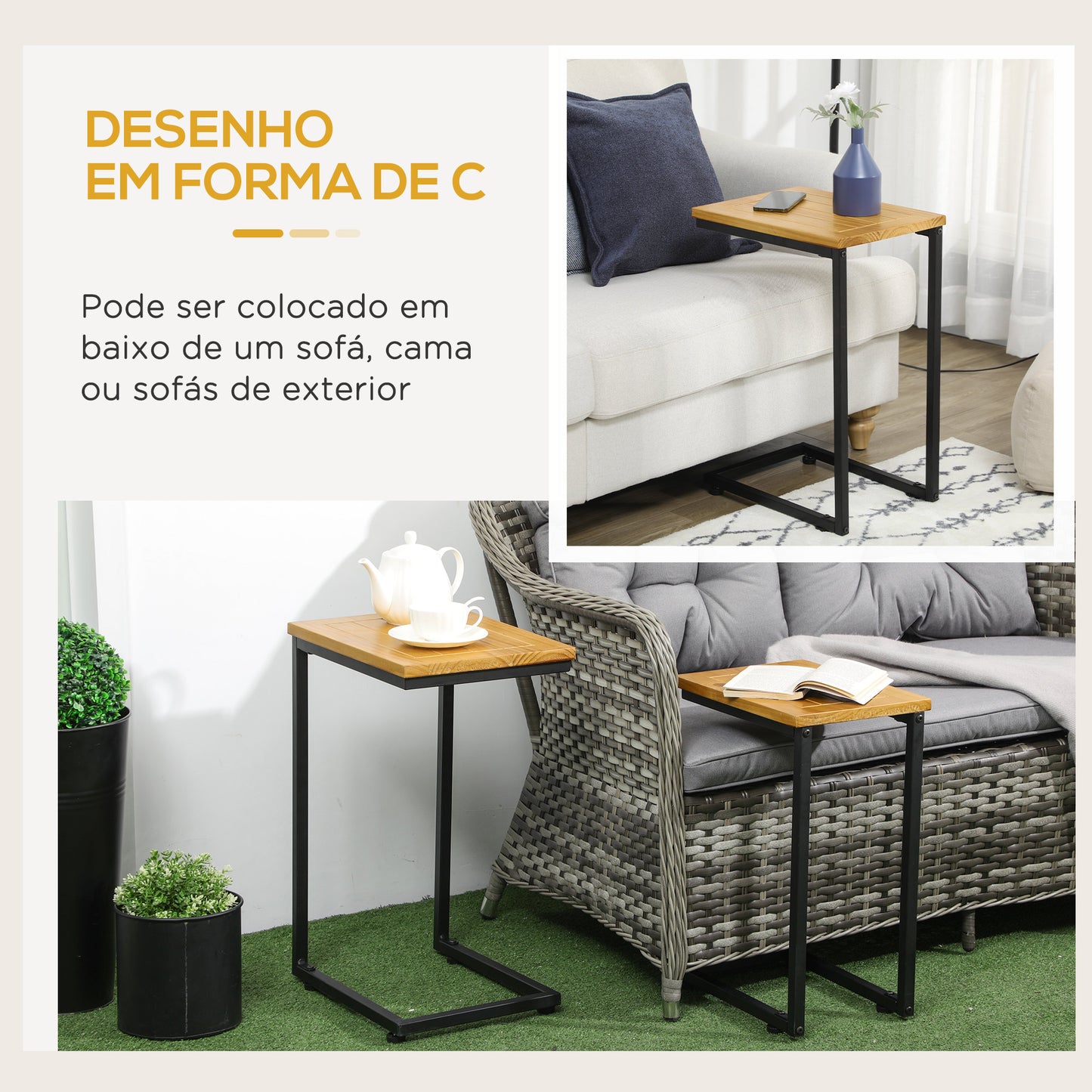 Outsunny Conjunto de 2 Mesas Auxiliares de Jardim Mesas Empilháveis em Forma de C com Estrutura de Metal e Bancada de Madeira para Interior e Exterior 40x30x60 cm e 35x24,5x52 cm Madeira e Preto