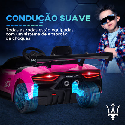 AIYAPLAY Carro Elétrico para Crianças acima de 3 Anos Carro Maserati GT2 Carro Elétrico a Bateria 12V Carro Elétrico para Crianças com Controlo Remoto Faróis LED Buzina Música e Rodas Auxiliares 115x60x45 cm Rosa