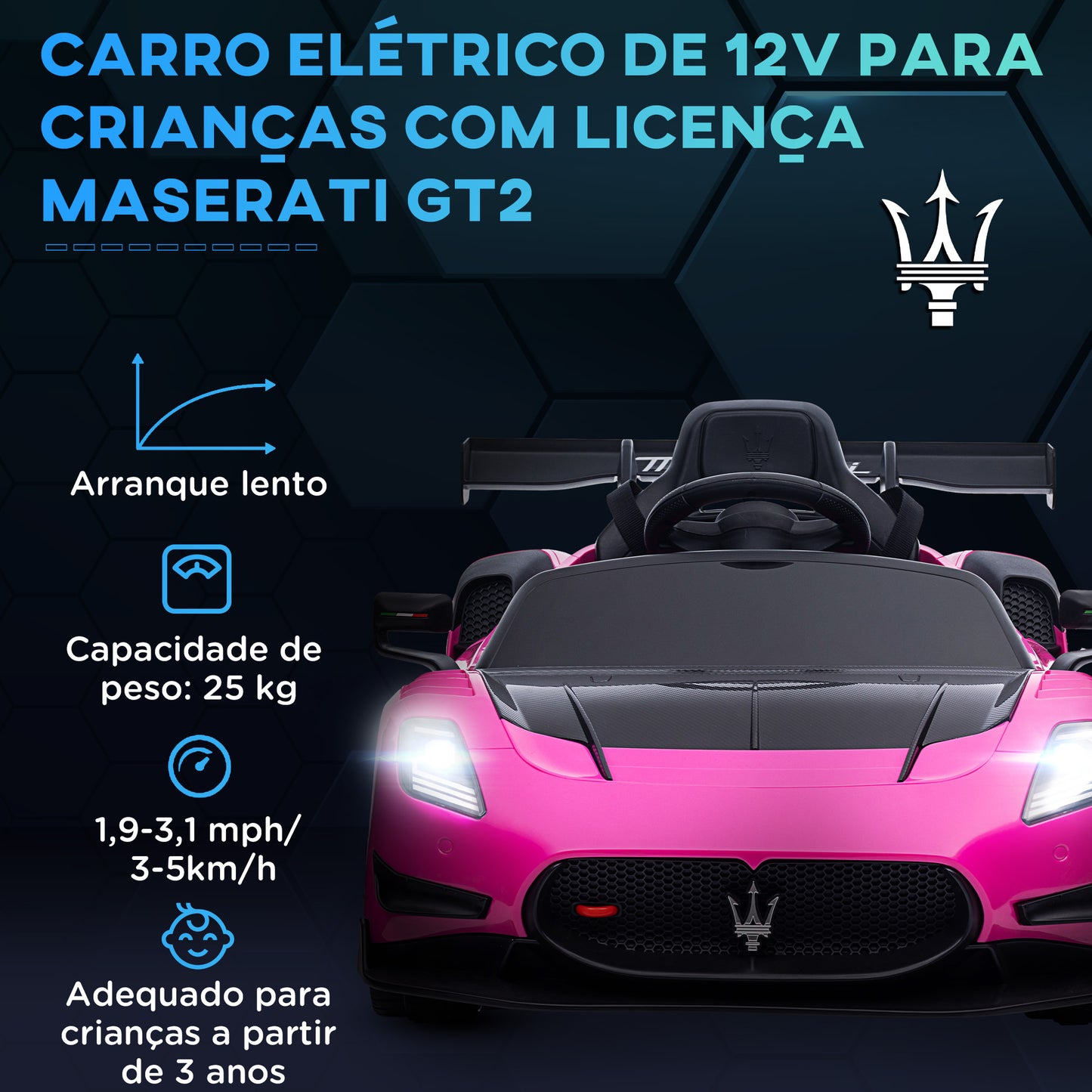 AIYAPLAY Carro Elétrico para Crianças acima de 3 Anos Carro Maserati GT2 Carro Elétrico a Bateria 12V Carro Elétrico para Crianças com Controlo Remoto Faróis LED Buzina Música e Rodas Auxiliares 115x60x45 cm Rosa